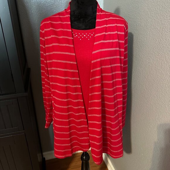 White Stag Open Front Cardigan with Attached Tank Top L Red Striped 12-14 - Picture 1 of 8